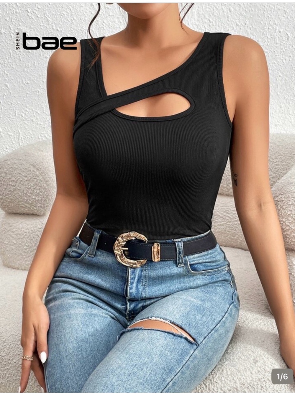 SHEIN BAE Black Ribbed Asymmetrical Cutout Tank Top Size Medium